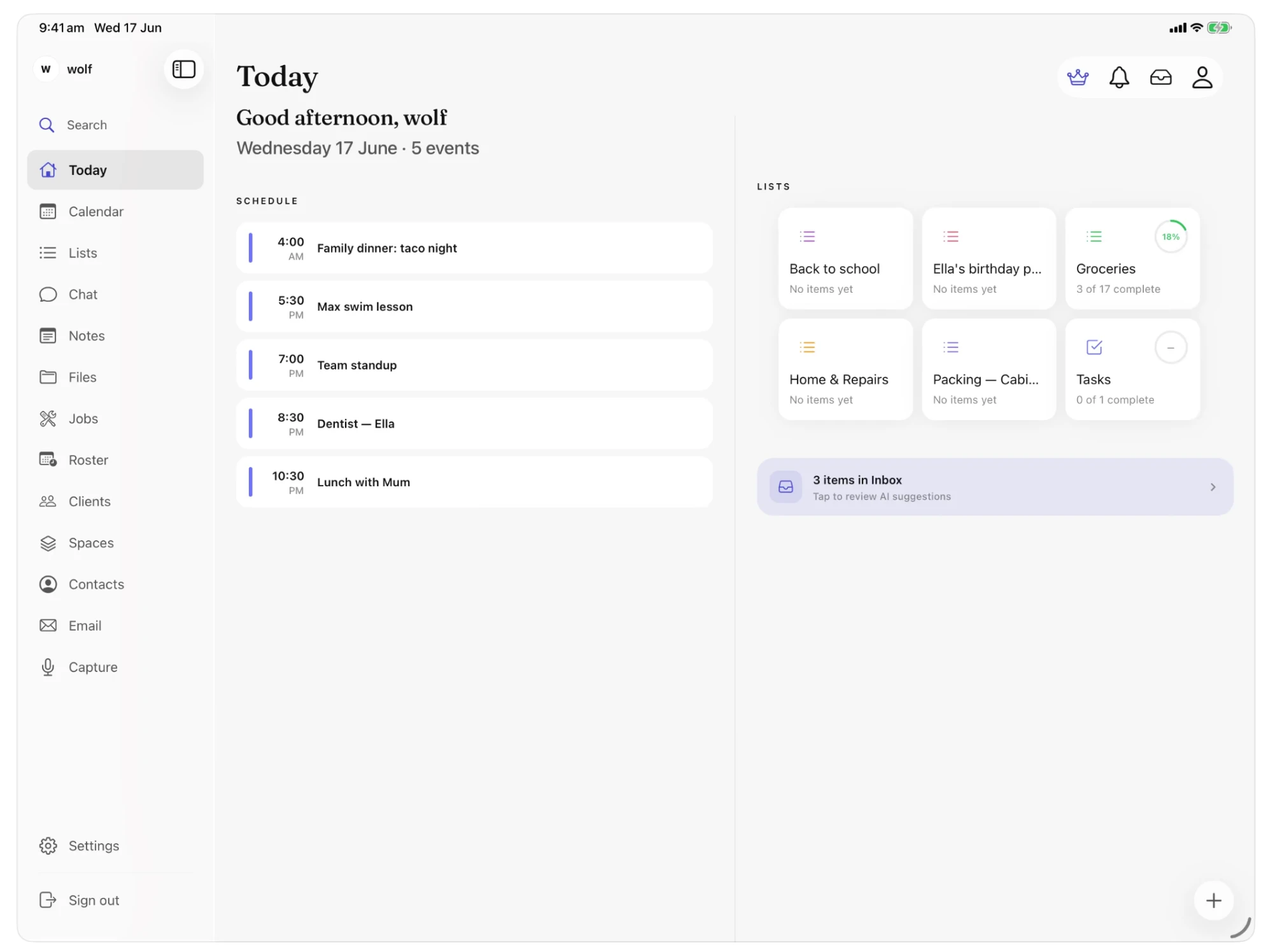 Calist on iPad, Today view with schedule and lists